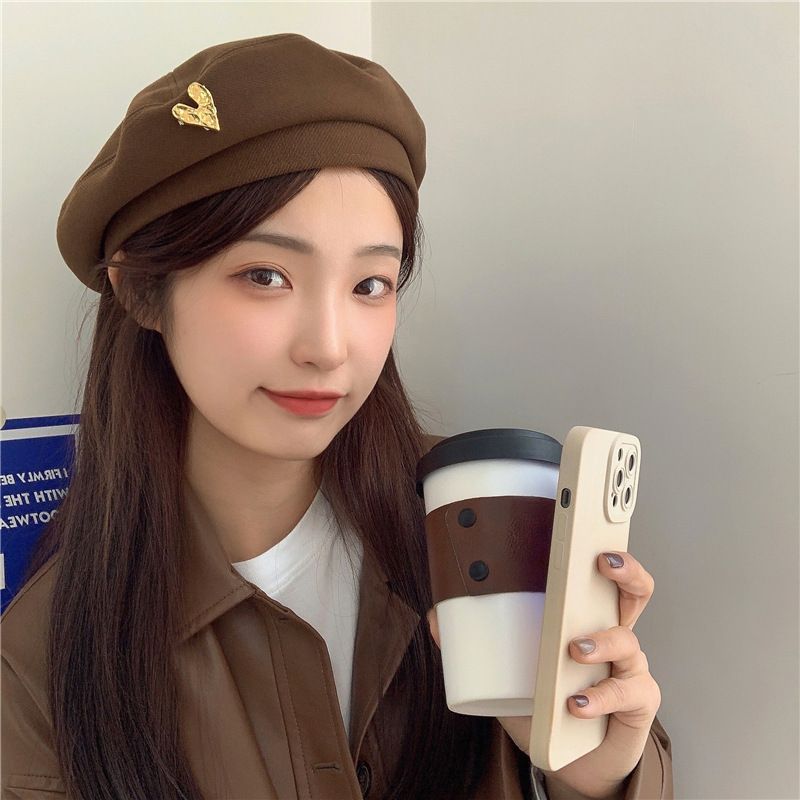 Herbstliche koreanische Baskenmütze mit Herzmotiv – modisch, hochwertig, vielseitig und im Stil von Internet-Promis – für Damen mit gesichtsschlanker Wirkung_voghion.com