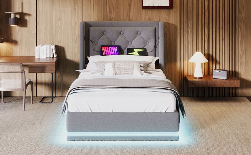 Polsterbett Doppelbett 90*200 Cm,Grau Baumwolle-Material Hydraulisches Stauraumbett, Gepolstertes Kopfteil Mit USB Typ-C Ladefunktion, 3-seitige LED-Funktion(Mit Matratze)_voghion.com