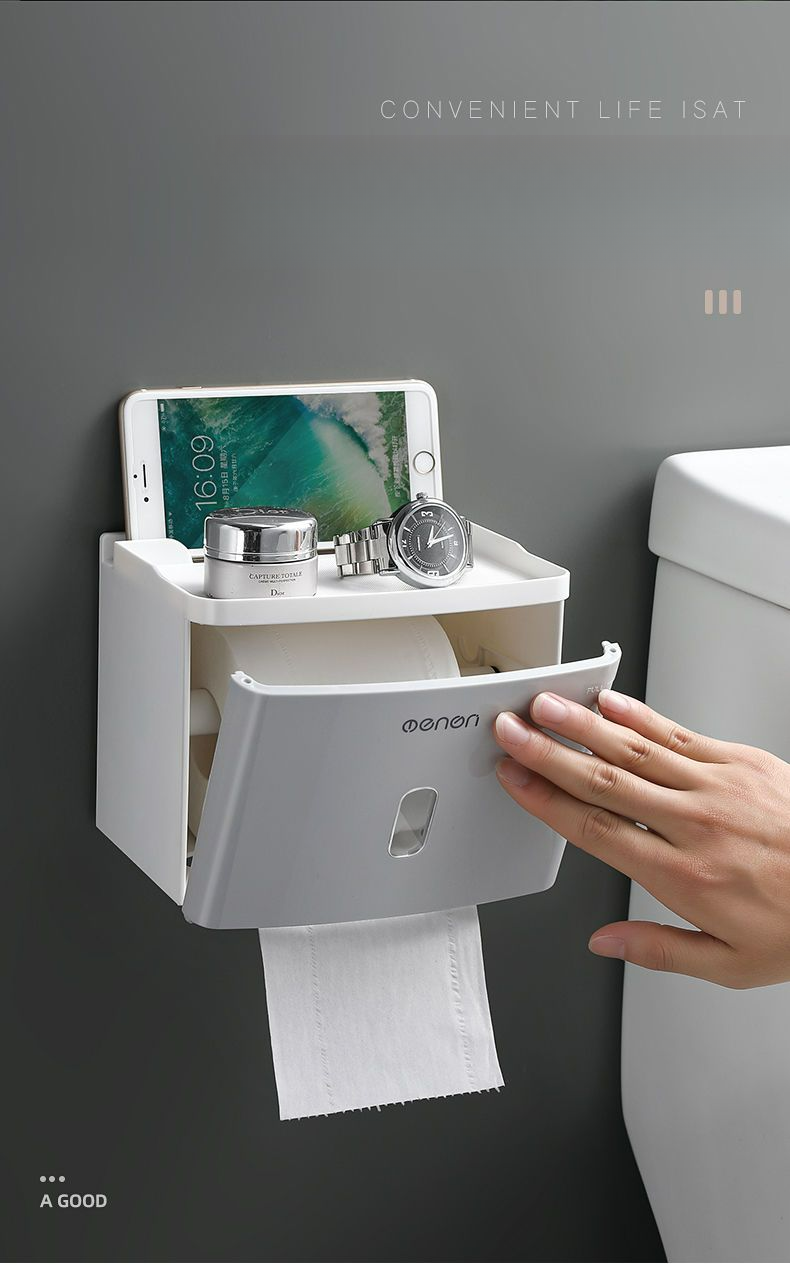 Bathroom Wall-Mounted Waterproof No-Drill Tissue Box Toilet Paper Roll Holder Storage Rack_voghion.com