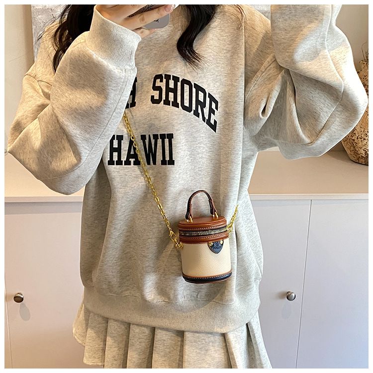 Borsa a secchiello da donna, mini borsa a secchiello rotonda con contrasto di colore, stile per famiglie, da portare a mano, piccola borsa a tracolla color rossetto, da donna_voghion.com