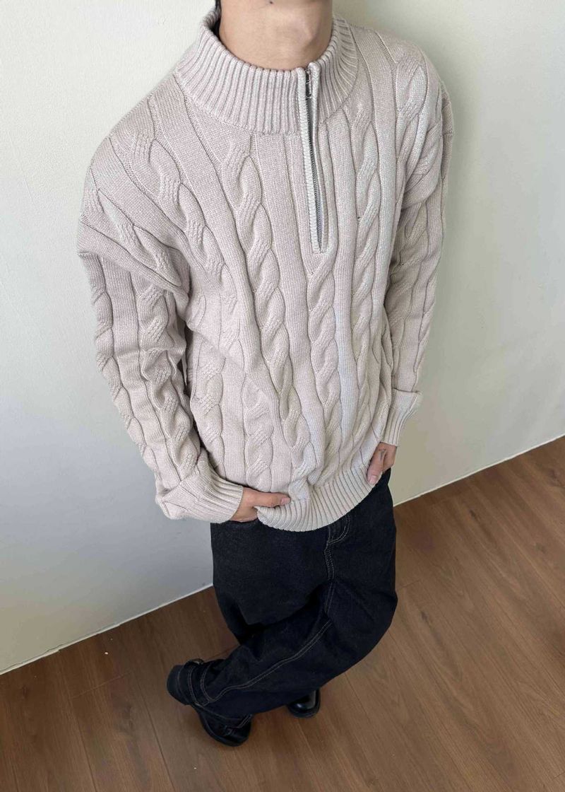 Relaxed Cable-Knit Sweater – British-Inspired Chunky Half-Zip Pullover For Men & Women (Oversized Fit, Gray/Black/Beige, )_voghion.com