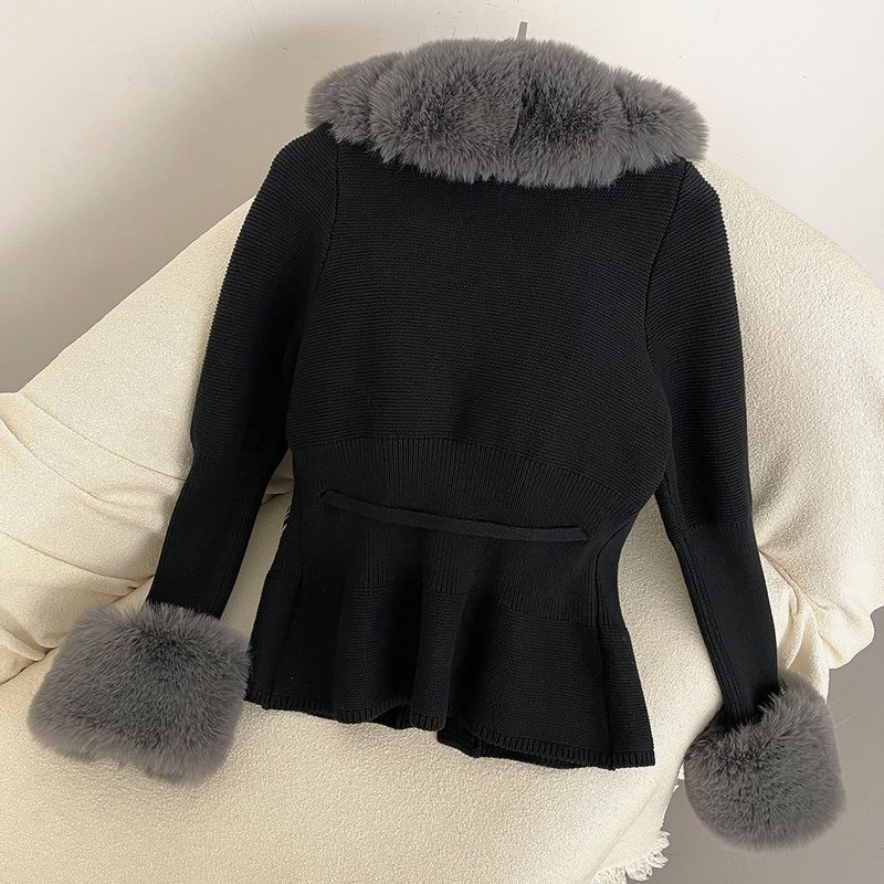 Damenbekleidung Herbst und Winter Strickpullover Pelz Knopfleiste Manschetten Abnehmbarer Strickpullover_voghion.com
