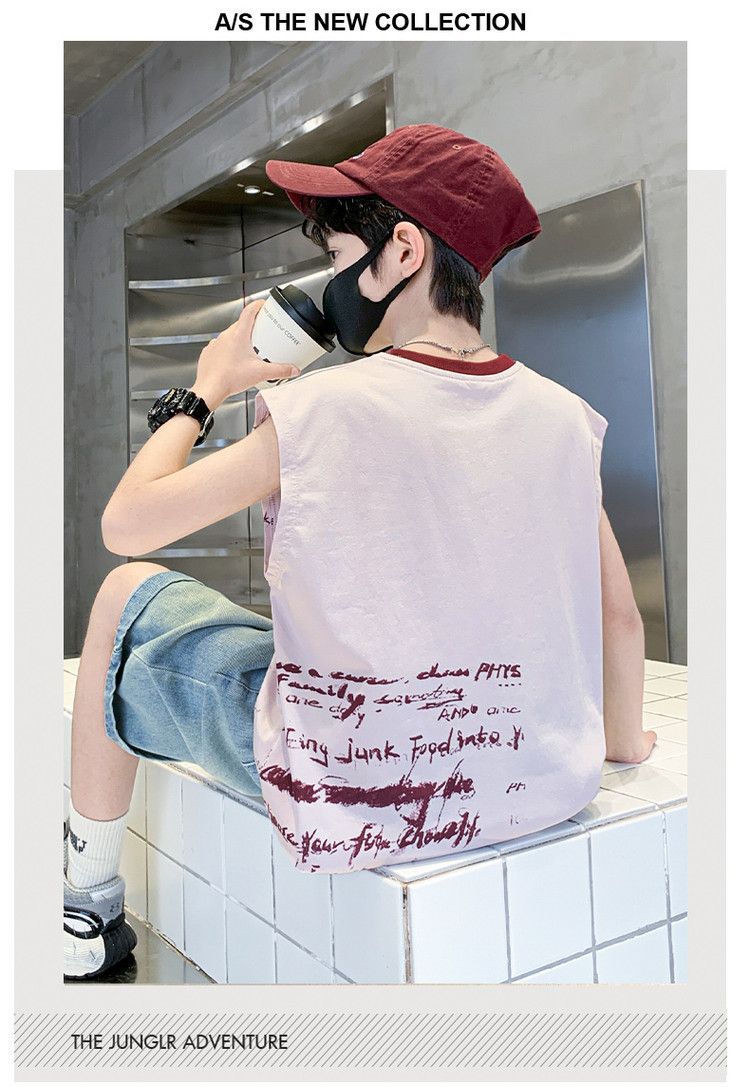 Roupas infantis para meninos, colete de verão com letras, terno para crianças de médio e grande porte, shorts jeans, terno de duas peças_voghion.com