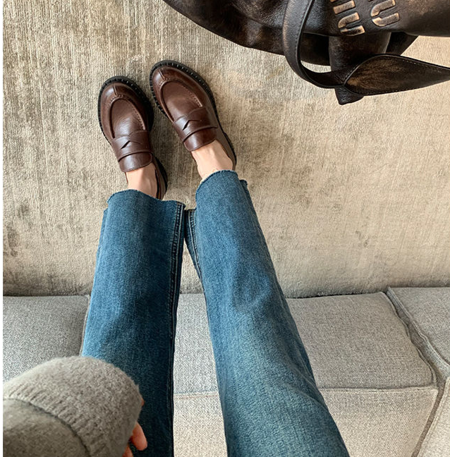 Βρετανικού στιλ μοκασίνια με ένα πόδι σε σχήμα αλόγου, καινούργια χειροποίητα μικρά δερμάτινα παπούτσια για γυναίκες, με χοντρές σόλες,_voghion.com