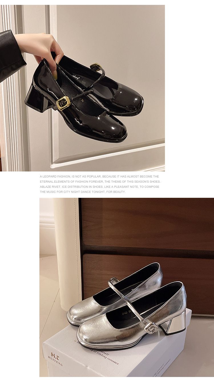 Scarpe Mary Jane con tacco medio, stile principessa francese, argento, tacco grosso, impermeabili, scarpe singole da donna, piccole scarpe argentate_voghion.com