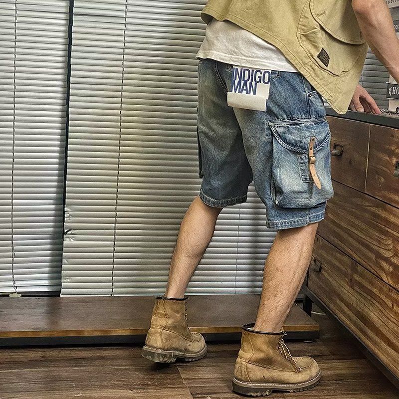 Herrenbekleidung Gewaschene Jeans-Shorts für den Sommer, dünne, lockere und gerade Arbeitskleidung, mittellange Hose, trendige, lässige Fünf-Sechs-Punkt-Hose_voghion.com