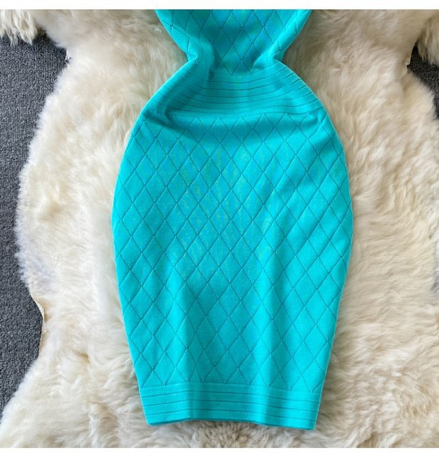 Damen Rundhals Ärmelloses Strick Neckholder Off-Shoulder Kleid Sexy Hüftbetontes Kurzrockkleid_voghion.com