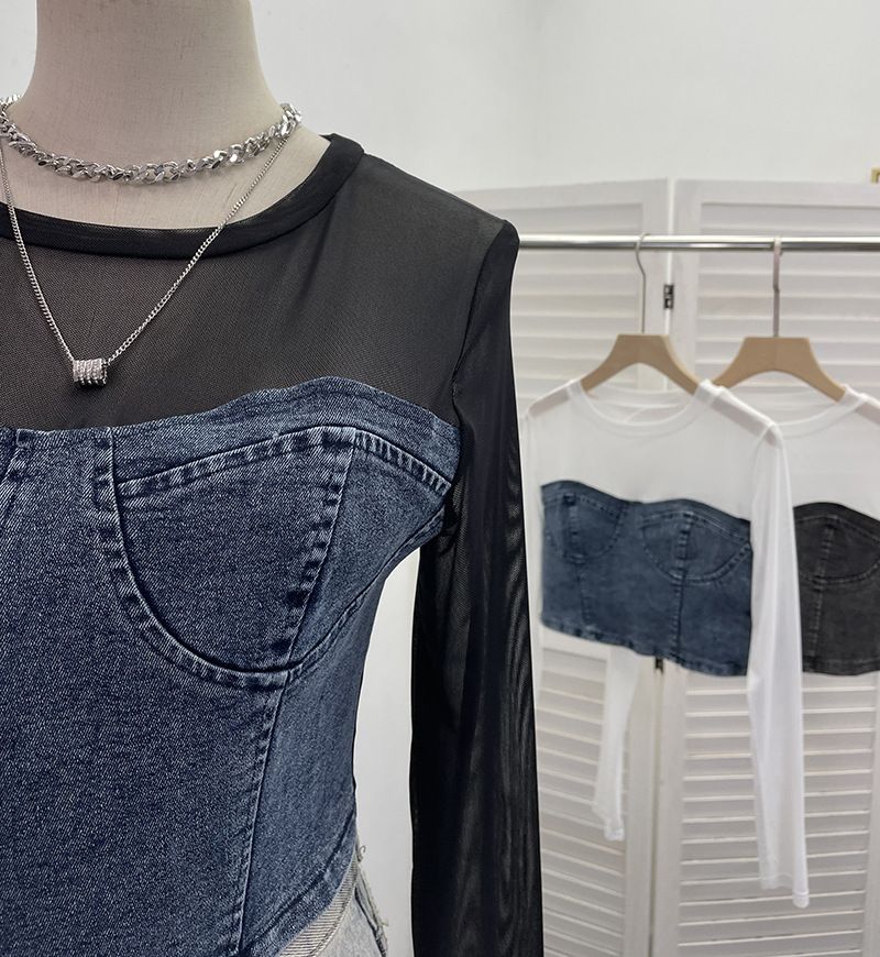 Damenbekleidung Zweiteiliges Denim-Spleißen-Netz-Langarmoberteil Kurzer, freiliegender Bauchnabel Schlankes T-Shirt_voghion.com