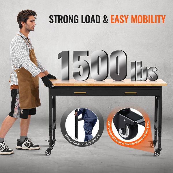 60' Workbench On Wheels Adjustable Height Table With Power Outlet & Drawer_voghion.com