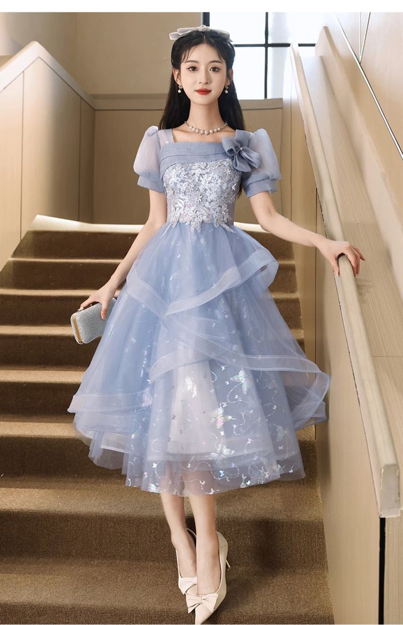 Elegante abito da cocktail blu a trapezio - Mini abito con maniche a sbuffo di ispirazione francese per feste e lauree (XS-XXXL)_voghion.com