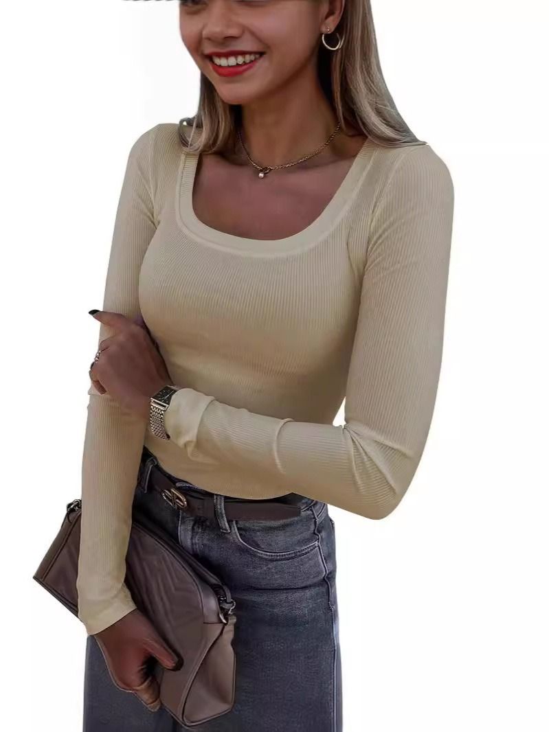 Women's Clothing Long Sleeved Slim Elastic Round Neck Ribbed T Shirt Casual Basic Tops_voghion.com