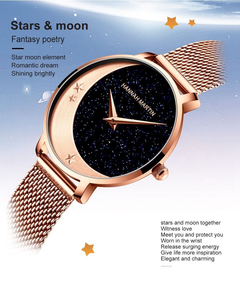 Women's Elegant Moon Phase Watch With Miyota Quartz Movement, Stainless Steel Band, And Sparkling Starry Dial Starry Sky Watch_voghion.com