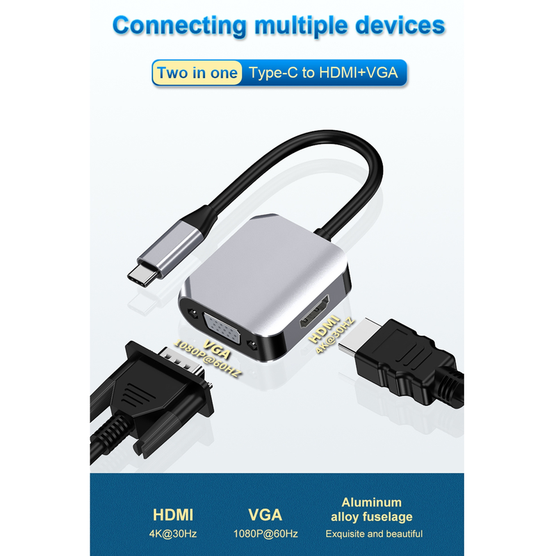 2 In 1 Type-C / USB-C to HDMI + VGA Adapter Converter(Grey)_voghion.com