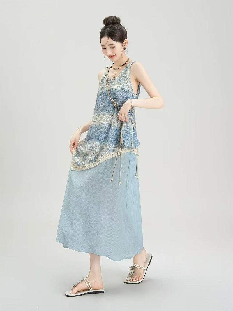 Robe gilet deux pièces patchwork irrégulière à pompons pour femme, dégradé bleu, style plage, avec sac_voghion.com