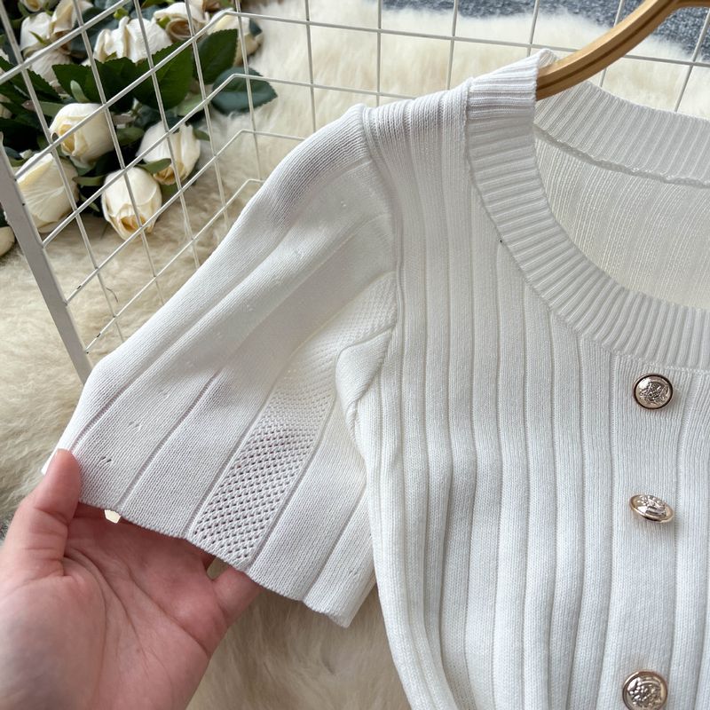 Gonna estiva in maglia con vita francese, alla moda, con bottoni in metallo, a maniche corte e aderente, da donna_voghion.com