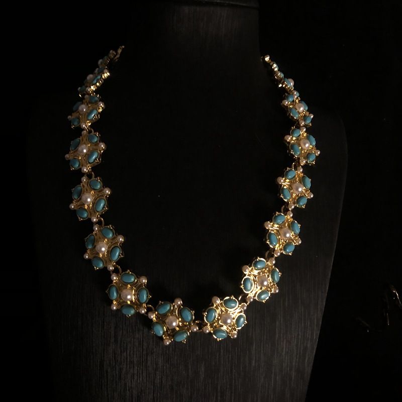 Turquoise necklace plated real gold inlaid pearl advanced sense elegant everything simple choker retro_voghion.com