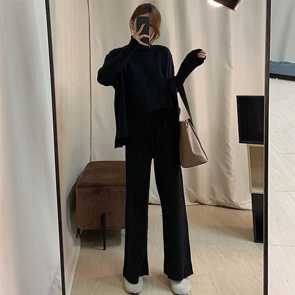 Soft Knit Wide-leg Three-piece Set Semi-turtle Neck Vest Top & Sweater Pants Outfit - Fall Winter Casual Comfort Wear (Khaki, Oatmeal, Beige, Black)_voghion.com
