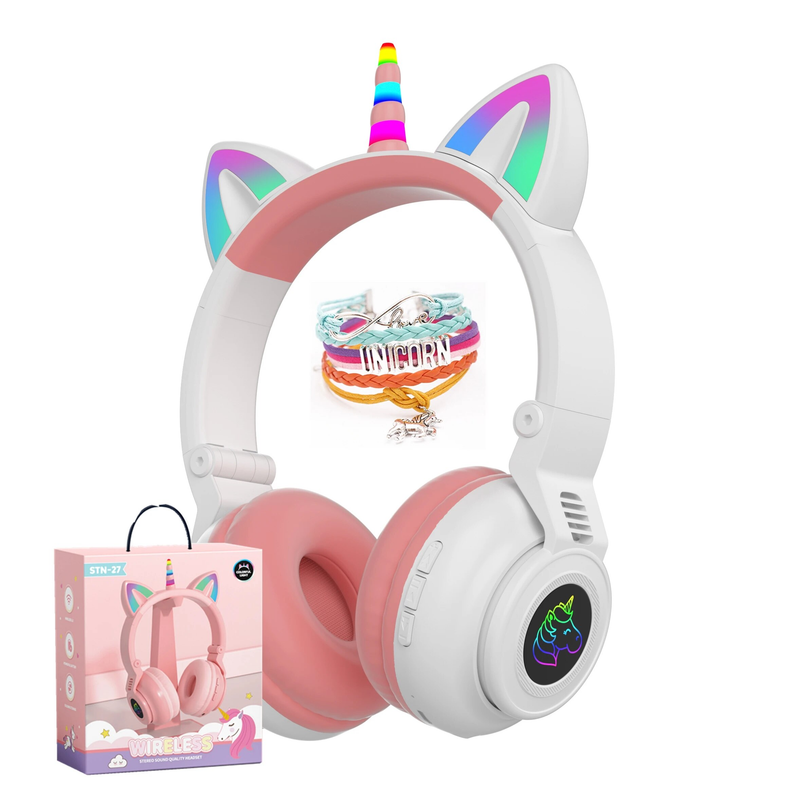 Cuffie wireless HiFi per ragazze con unicorno, microfono, stereo, bassi carini, musica per bambini, supporto per cuffie Bluetooth a forma di gatto_voghion.com