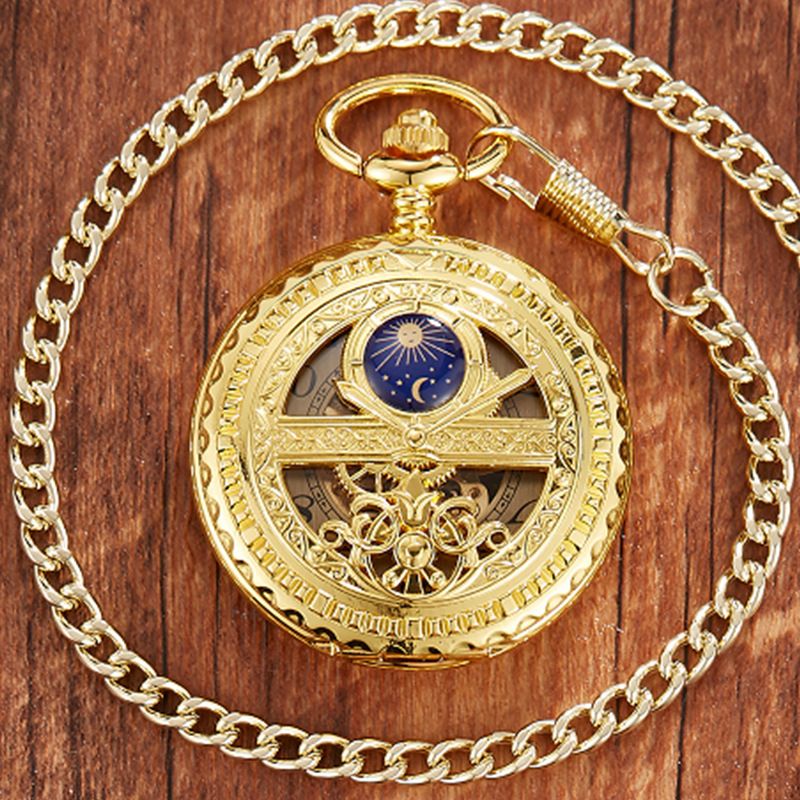 New Gold Hollow Pointer Night Sky Semi-Automatic Mechanical Pocket Watch_voghion.com