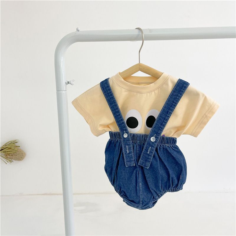 Tuta estiva per ragazzi e ragazze, maglietta a maniche corte in cotone + pantaloni in denim con bretelle, stesso stile coreano, completo in due pezzi_voghion.com