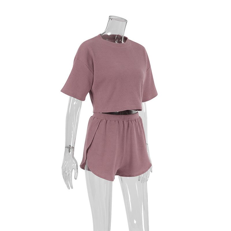 2024 Autumn Fashion Knitted Short Sleeve Pajamas Two-Piece Set Casual Cool Breathable Women's Homewear_voghion.com