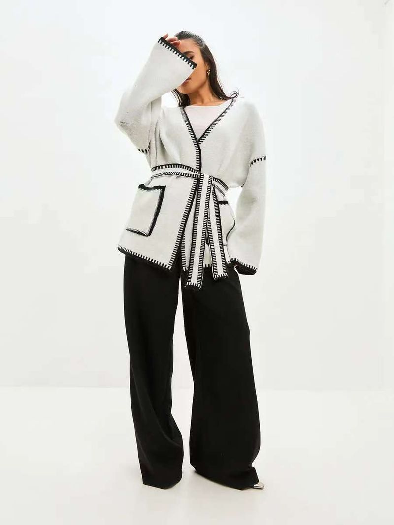 Elegant Belted Knit Cardigan - Oversized Longline V-Neck Sweater With Contrast Trim, Soft Lambswool Blend, Casual & Chic_voghion.com