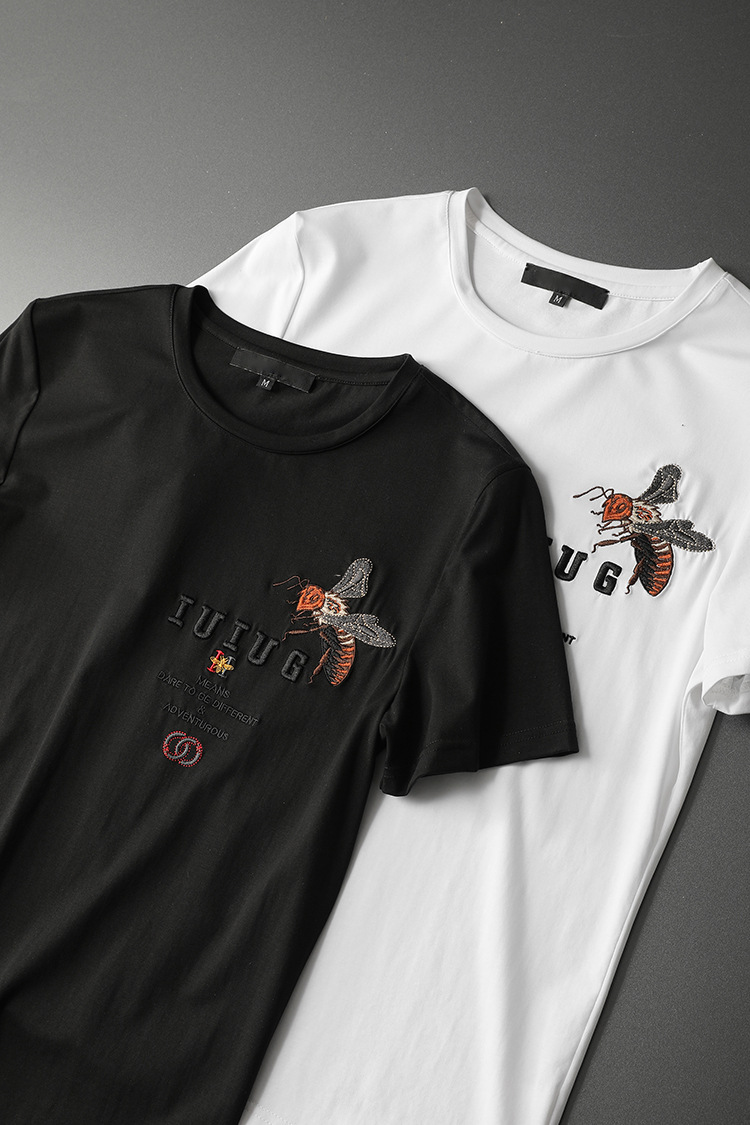 Herrenmodemarke Kurzarm-T-Shirt Herren kleines Bienenmuster Sommerkleid Rundhals Eisseide_voghion.com