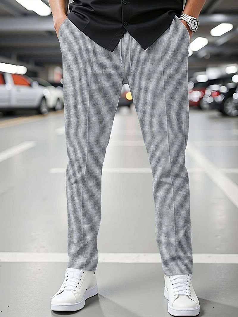 Men's Waffle-Knit Casual Pants -Straight Leg Lounge Pants With Drawstring (White/Grey/Black/Blue/Khaki) - Spring & Fall Essential S-XXXL_voghion.com