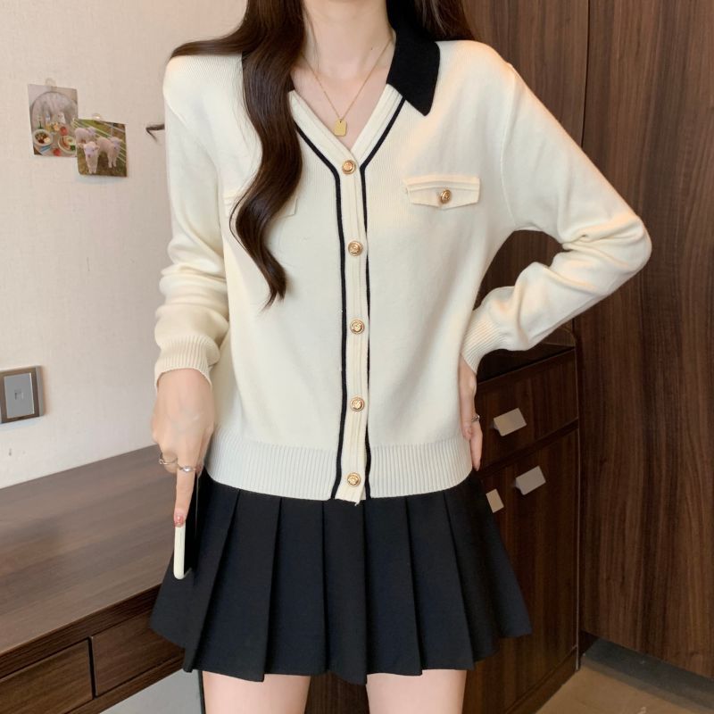 Xiaoxiangfeng Tricoté À Manches Longues Cardigan Pull Femme Intérieur Bas Manteau Tempérament Col V 2024 Automne/Hiver_voghion.com