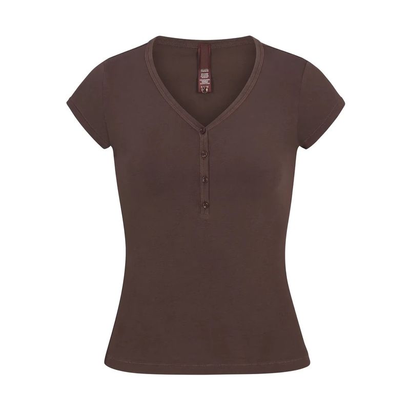Damenbekleidung Neues Vintage-Sommer-Kurzarm-T-Shirt aus reiner Baumwolle mit Knopfleiste und V-Ausschnitt_voghion.com