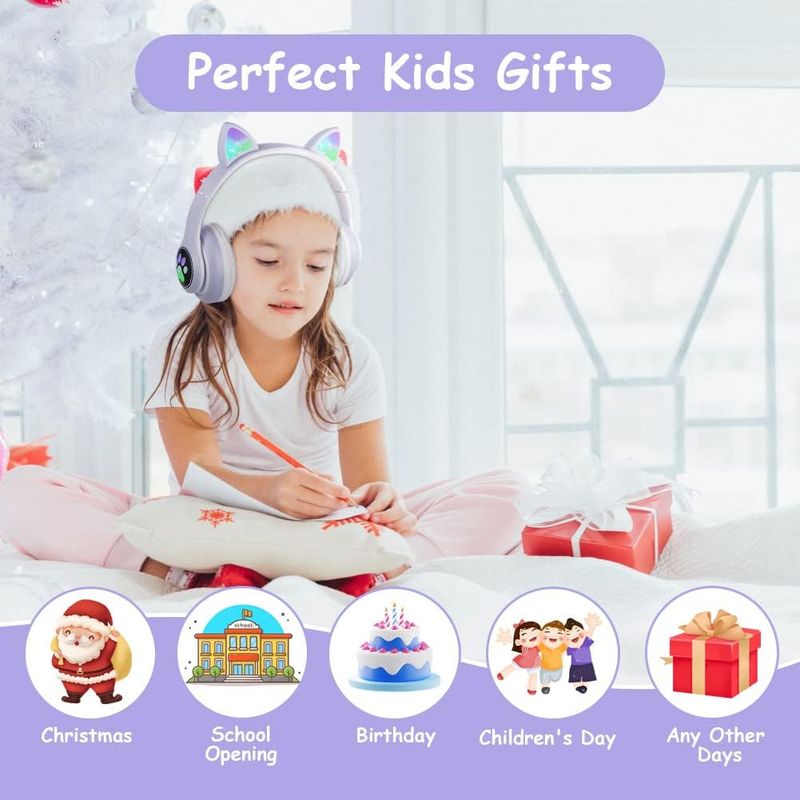 Woukksy Kabellose Kinderkopfhörer mit Katzenohren, LED-Licht, faltbar, mit Mikrofon, für Mobiltelefone/Tablets_voghion.com