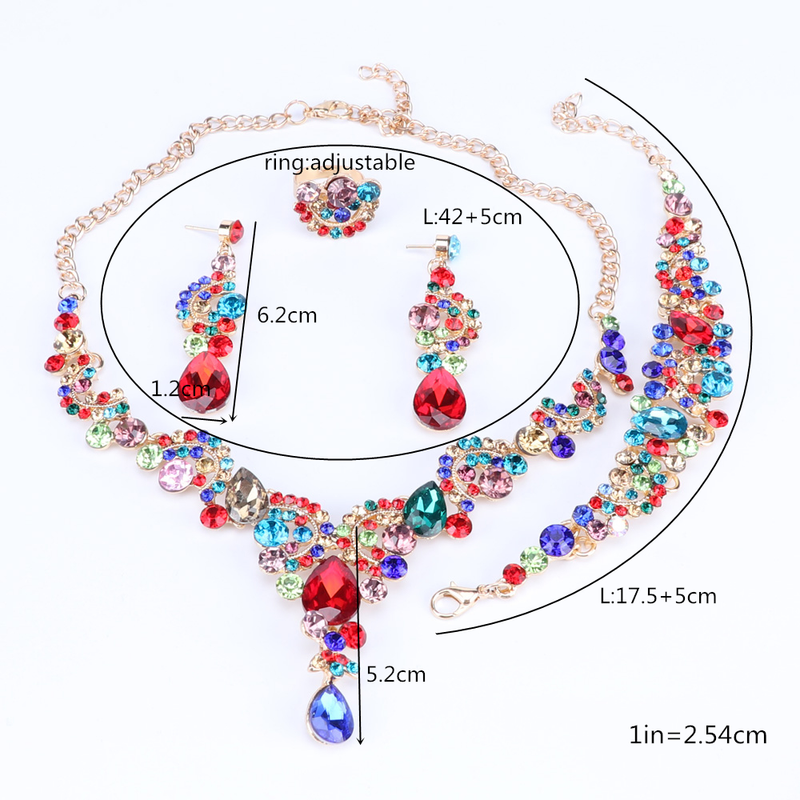 Luxuriöse Statement-Halskette, Ohrringe, Armband, Ring, Schmucksets für Frauen, Kristall-Lätzchen, goldfarbene Kette, Brautschmuck_voghion.com