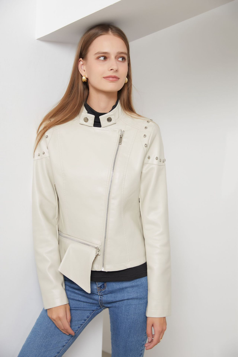 Giacca in pelle con rivetti da donna, nuova moda 2021, con colletto rialzato, tinta unita, primavera e autunno_voghion.com