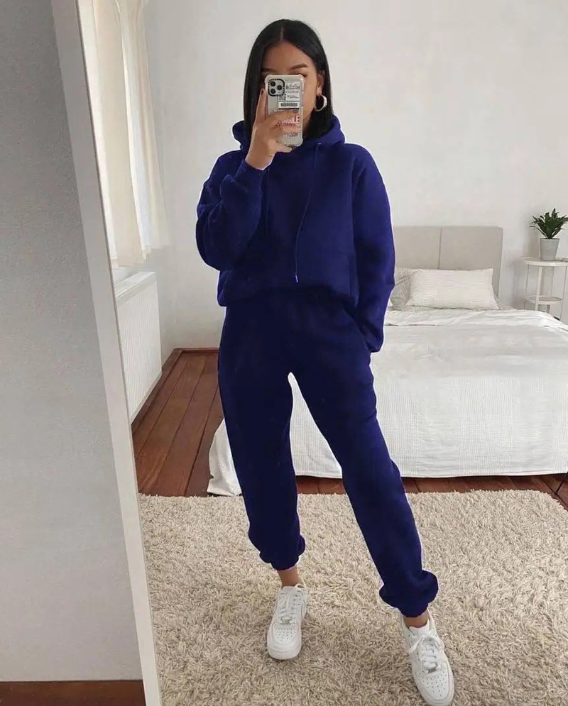 Ropa de mujer casual con capucha de manga larga sudadera con bolsillo color sólido traje deportivo conjunto de dos piezas_voghion.com
