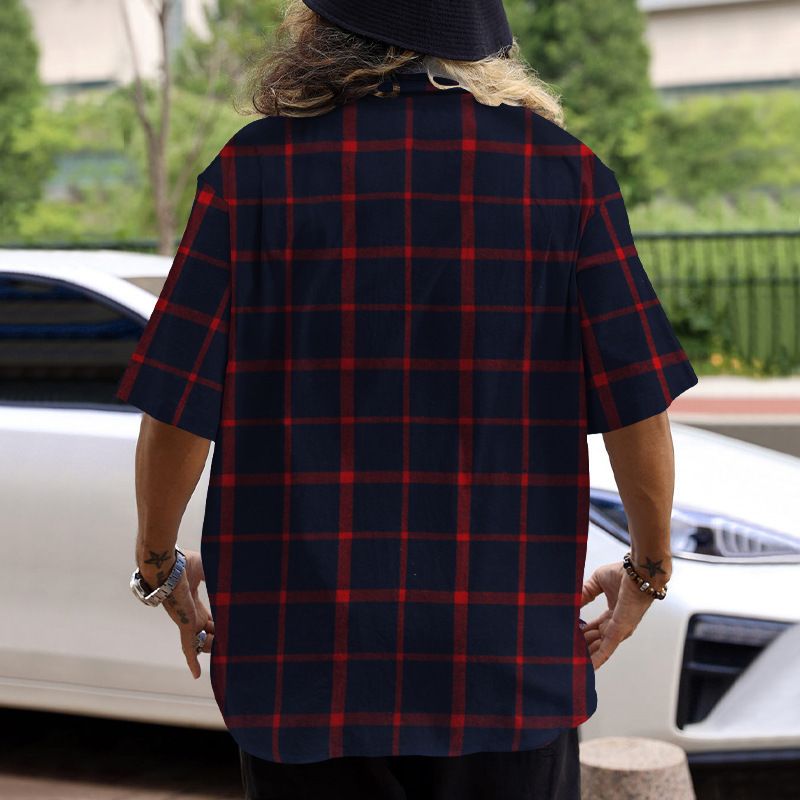 2024 Men's Trendy Plaid Patchwork Buttoned Casual Sports Short Sleeve Shirt_voghion.com