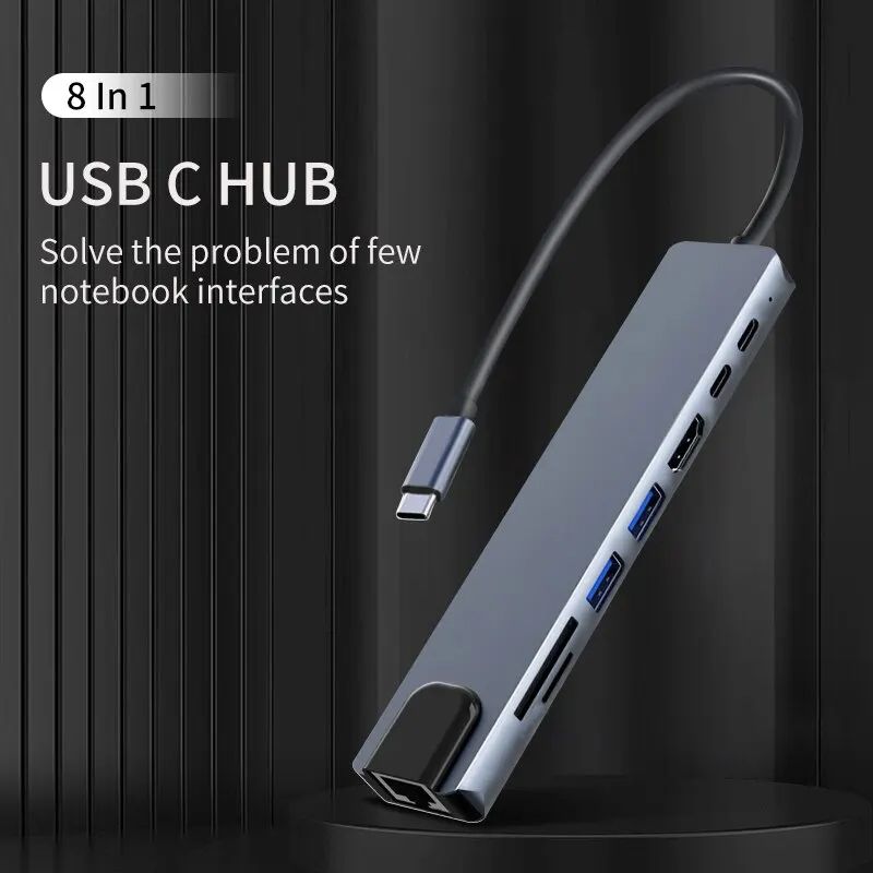 Hub USB 8 in 1 3.0 Tipo C Splitter Docking Station 4K Adattatore per laptop PD SD TF per MacBook Air M1 iPad Pro RJ45_voghion.com