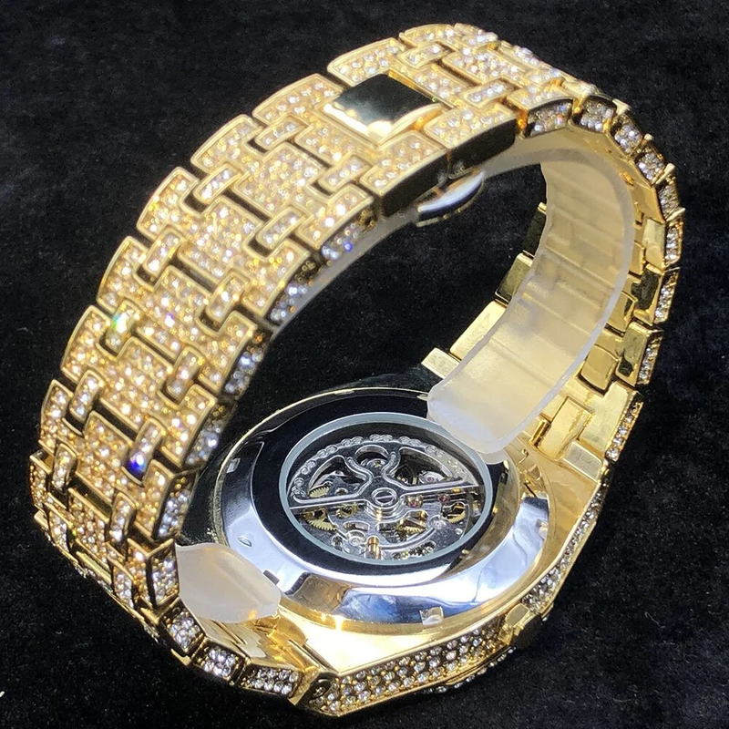 Dropshipping Diamond Watch For Men Gold Ice Out Automatic Watches Hiphop Bling Shiny Skeleton Mechanical Brand Clock_voghion.com