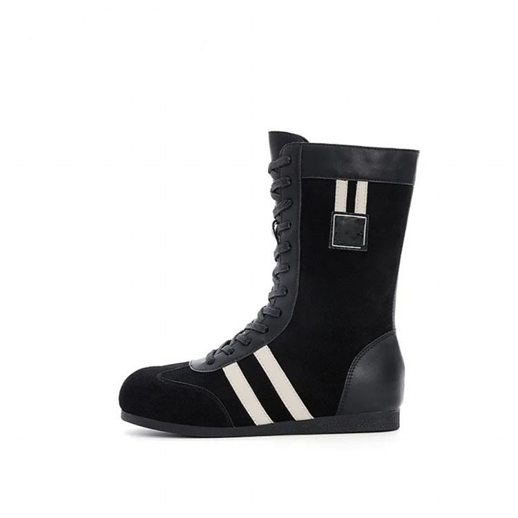 Cowhide Version~ Flat Inner Height Increasing Boxing For Women, New Round Toe Martin Lace-up Mid-calf Boots, Short Boots_voghion.com