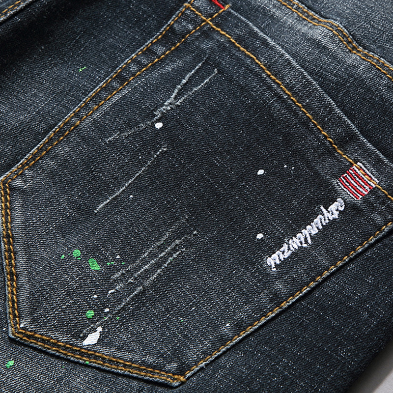 Men's Slim Fit Stretch Jeans – Distressed Embroidered Straight-Leg Denim Pants With Paint Splatter & Patchwork (28-38)_voghion.com