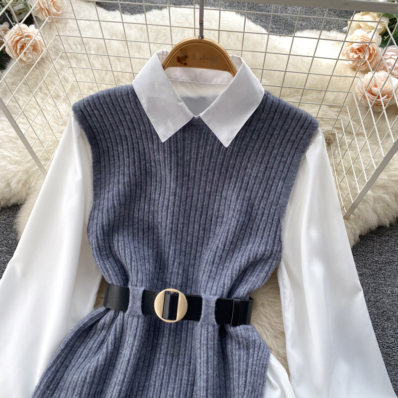 Set de două piese pentru femei, cămașă albă cu mâneci lungi și vestă din tricot despicat_voghion.com