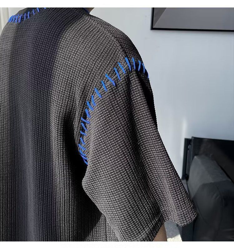 Men's Clothing Irregular knitted short sleeved men's design niche fashion brand personality loose versatile ins five point sleeve t shirt top clothes_voghion.com