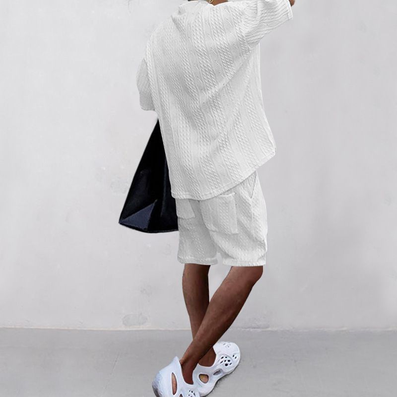 Moška oblačila za prosti čas, ohlapni tričetrtinski rokavi, žakard pleten pulover, zgornji del, kratke hlače, moška obleka_voghion.com