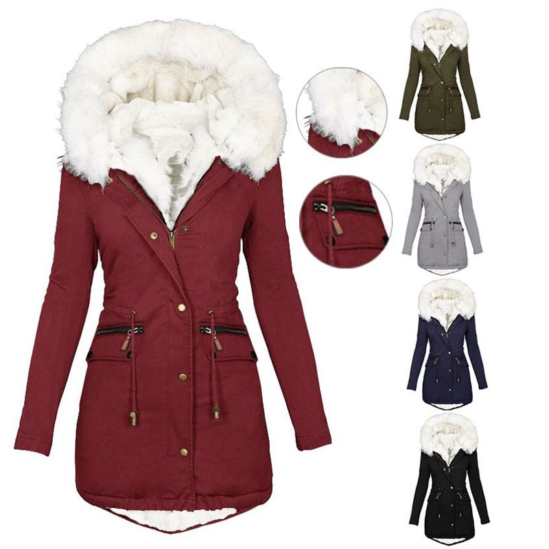 Parka invernale da donna con cappuccio in pelliccia sintetica – Cappotto oversize foderato in pile, coulisse in vita e chiusura con cerniera (S-5XL, 5 colori)_voghion.com