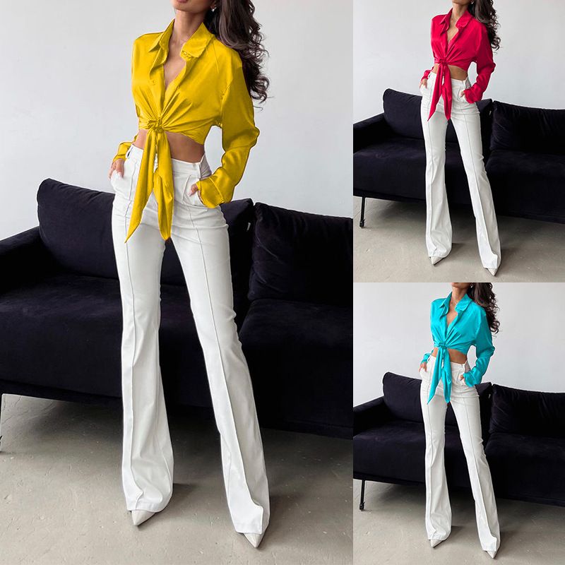 Top da donna a maniche lunghe con collo a polo in raso di seta casual dal temperamento solido_voghion.com