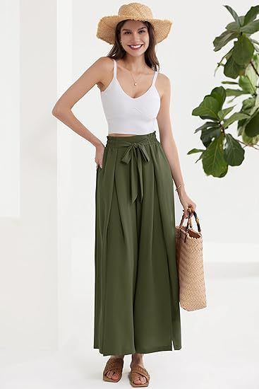 Calça Palazzo Feminina Leve, Casual, de Cintura Alta, com Bolsos e Fenda - Calça Larga e Flutuante para o Verão_voghion.com