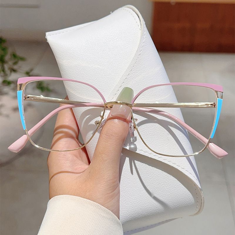 Wind Cat Eye Contrasting Metal Spring Leg Anti Blue Glasses, Internet Celebrity Same Style Plain Color High Sense Flat_voghion.com