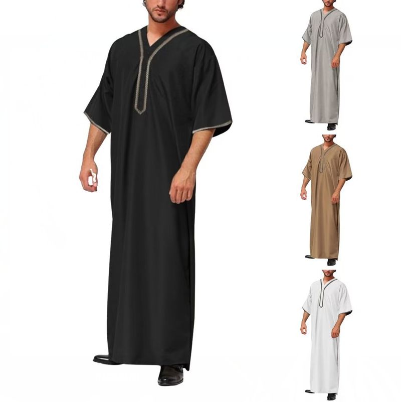2025 Muslim Men Jubba Thobe Fixed Button Kimono Middle Robe Saudi Muslim Man Shirt Stand Collar Islamic Arab Kaftan Men Abayas_voghion.com