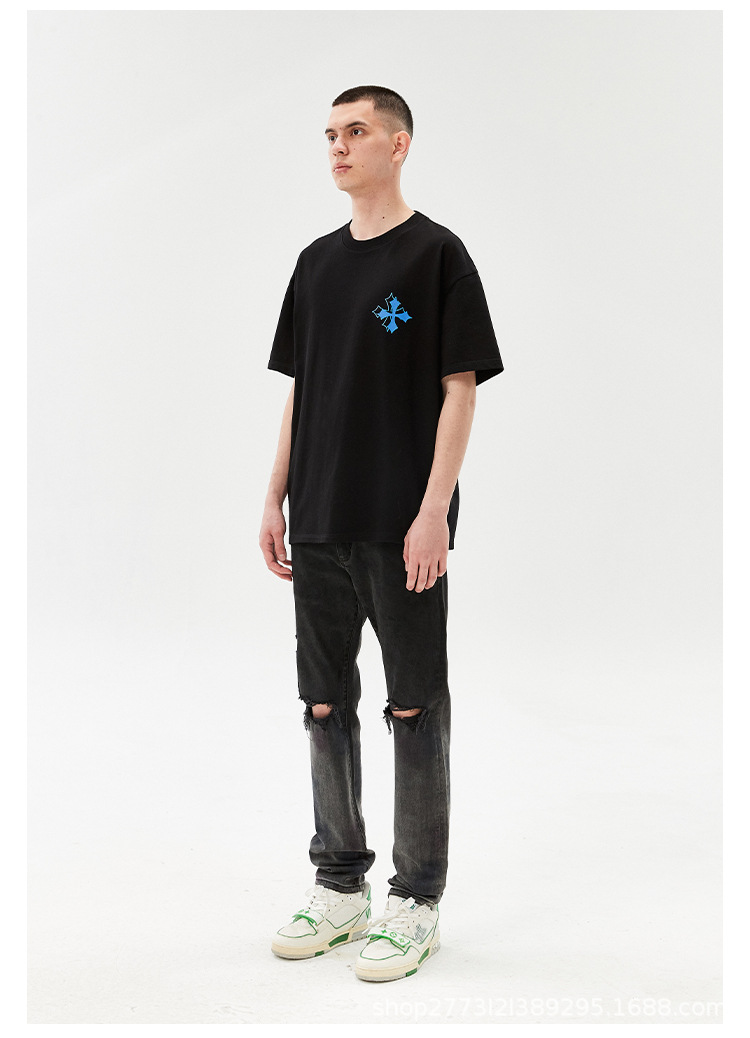 Trndy brand nw product damagd cross print casual vrsatil T-shirt short slvd shirt Amrican high strt coupl_voghion.com