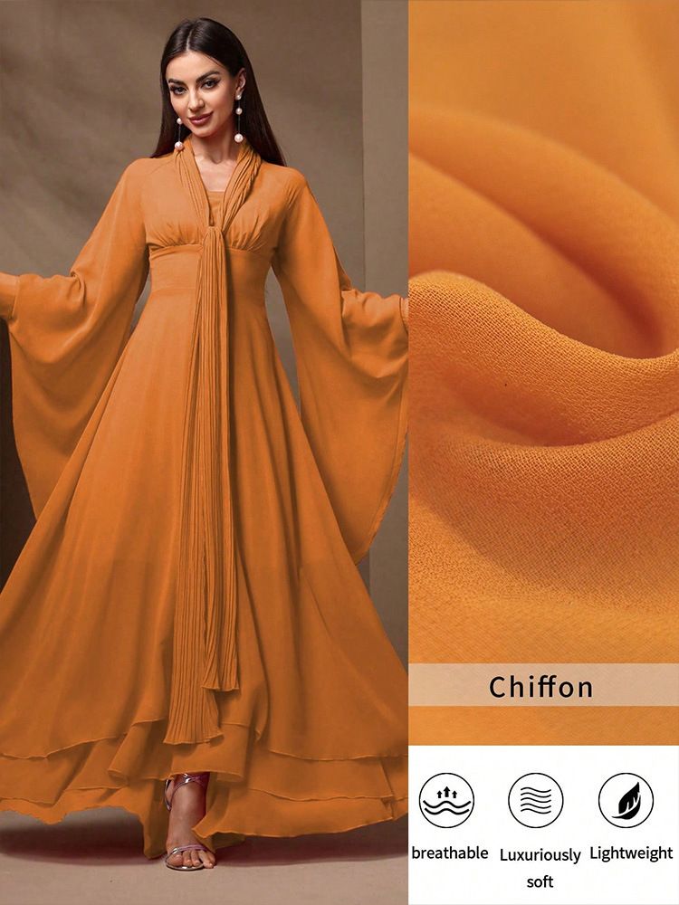 Women's Elegant Chiffon Maxi Dress With V-Neck, Lantern Sleeves & Ruffle Trim - A-Line High Waist Party Gown For Wedding, Evening Occasions (Orange)_voghion.com
