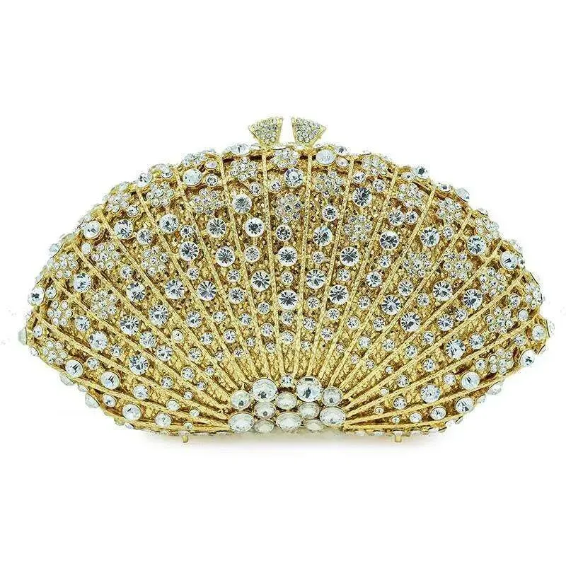 Designer Fan-Shaped Dia Dinner Hollowed-Out Metal Rhinestones Clutch Handbag For Women Wedding Party Chains Shoulder_voghion.com